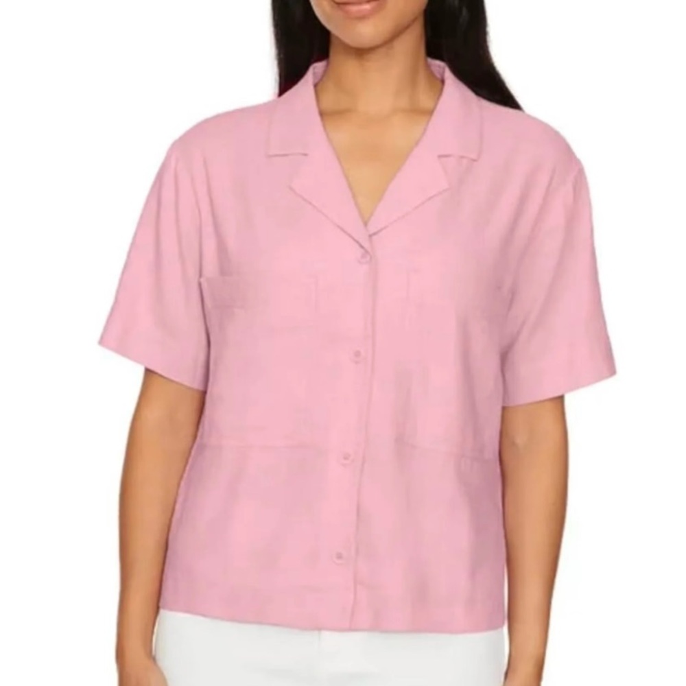 NWT Buffalo Women's Linen Blend Short Sleeve Utility Button Front Shirt Pink